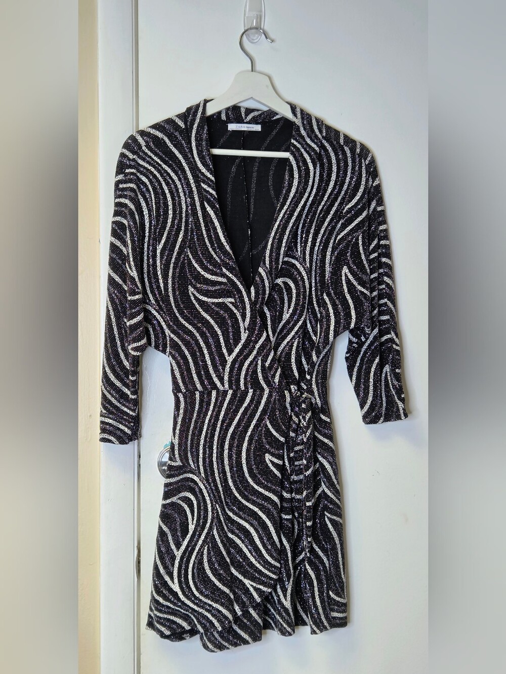 ZARA Metallic Wave Glitter Wrap Mini Dress Size S - Picture 3 of 12